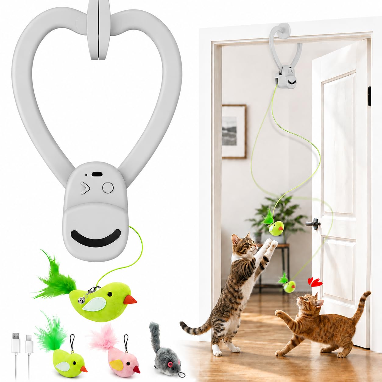 USB-Rechargeable Flying Bird Cat Toy with Feather Wand
