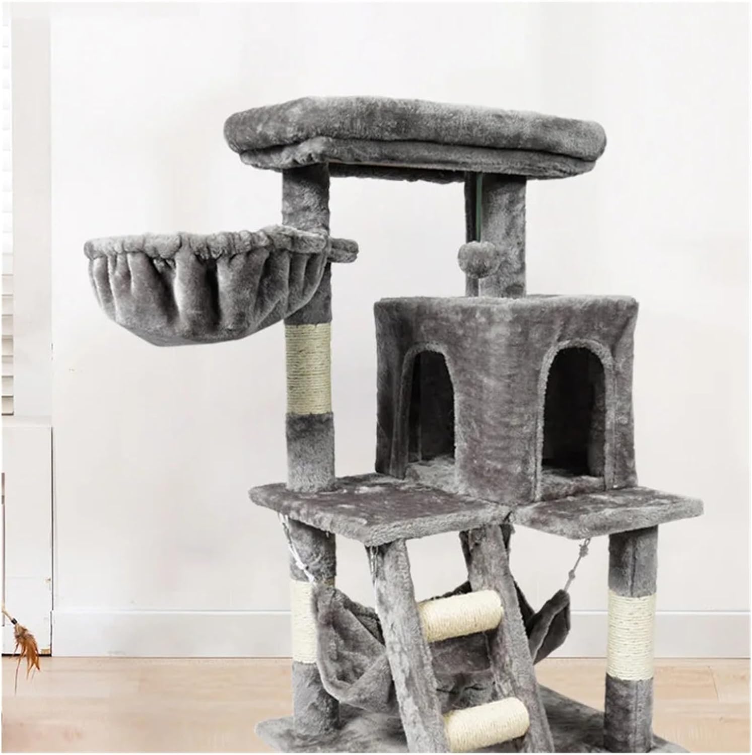 Grey Cat Tree with Bed, Scratching Board & Knot Toy