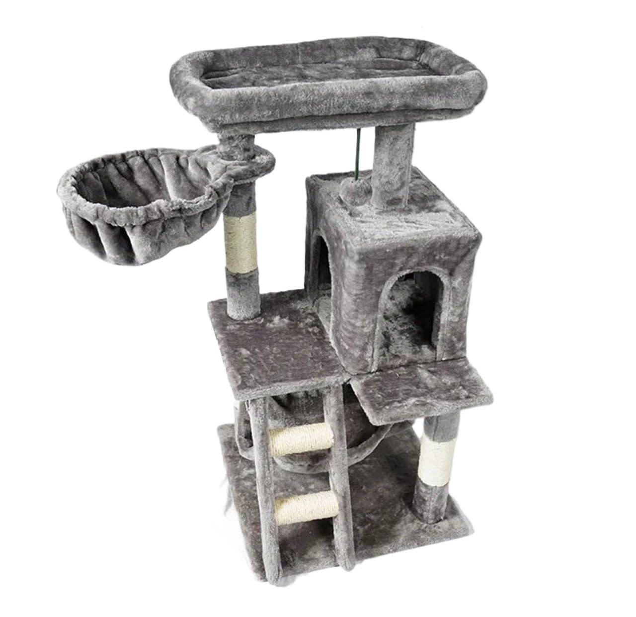 Grey Cat Tree with Bed, Scratching Board & Knot Toy