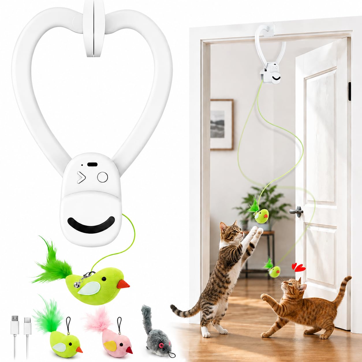 USB-Rechargeable Flying Bird Cat Toy with Feather Wand