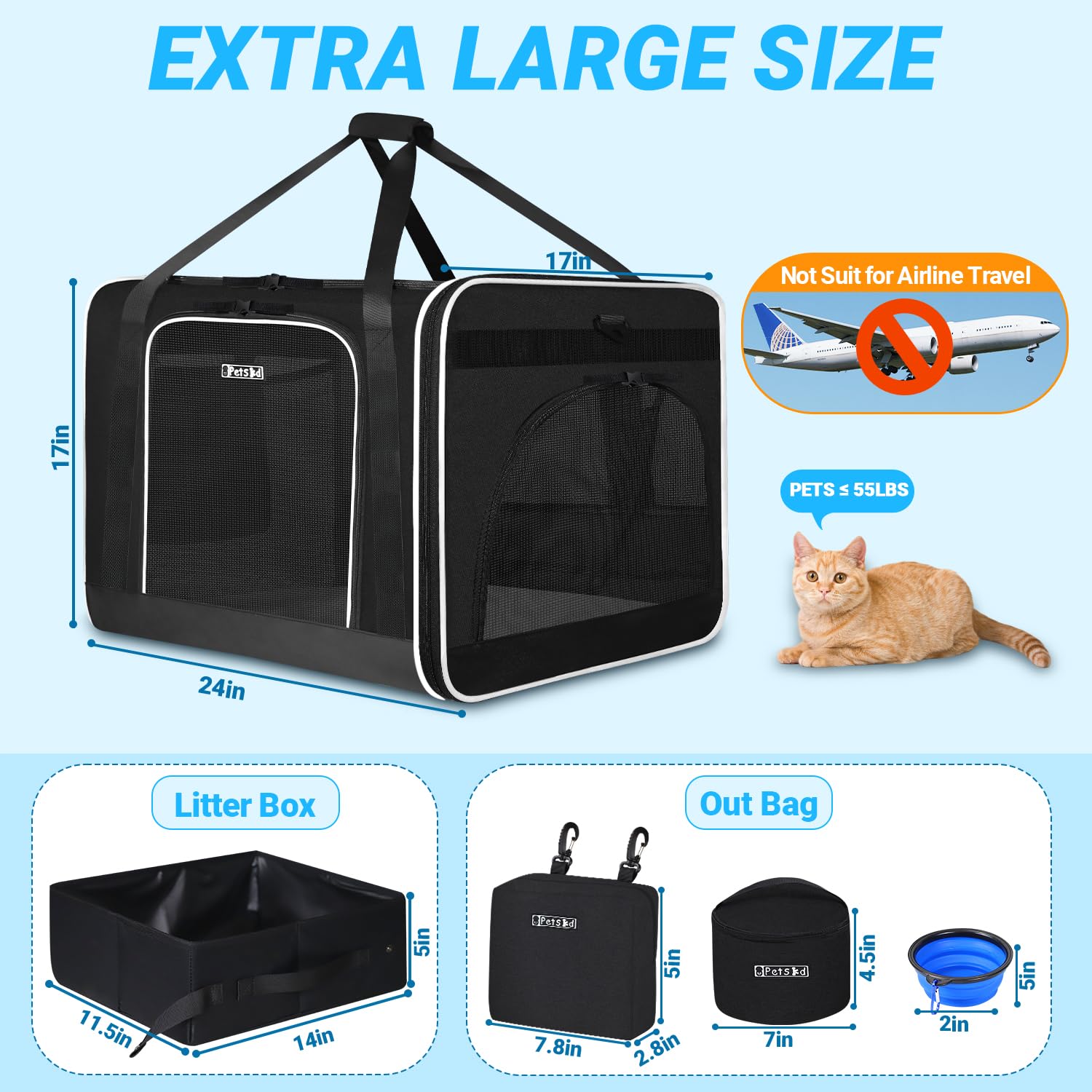 Petskd Extra-Large Cat Carrier for Large Cats, 24 Inches