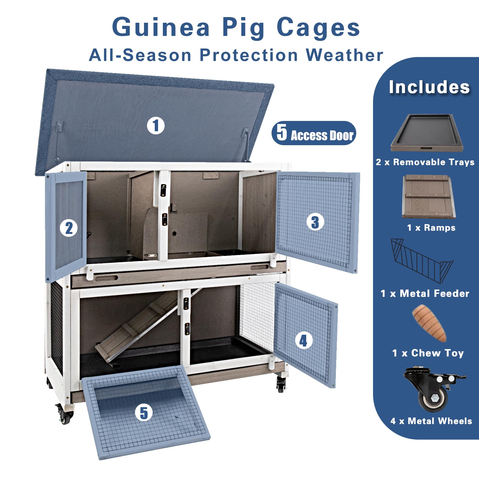36-Inch Two-Story Wooden Guinea Pig Cage with Wheels