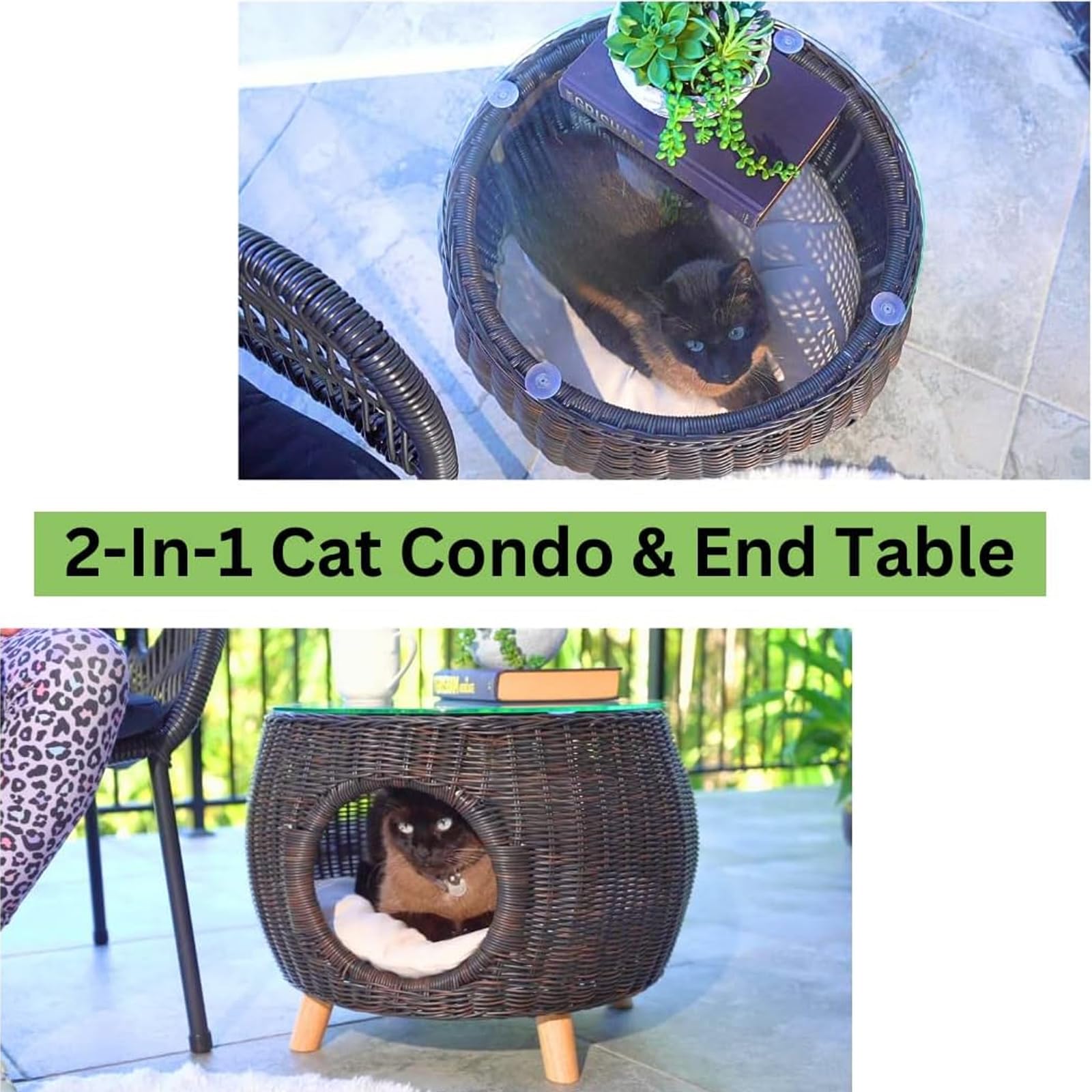 Modern Rattan Cat Igloo End Table with Washable Cushion