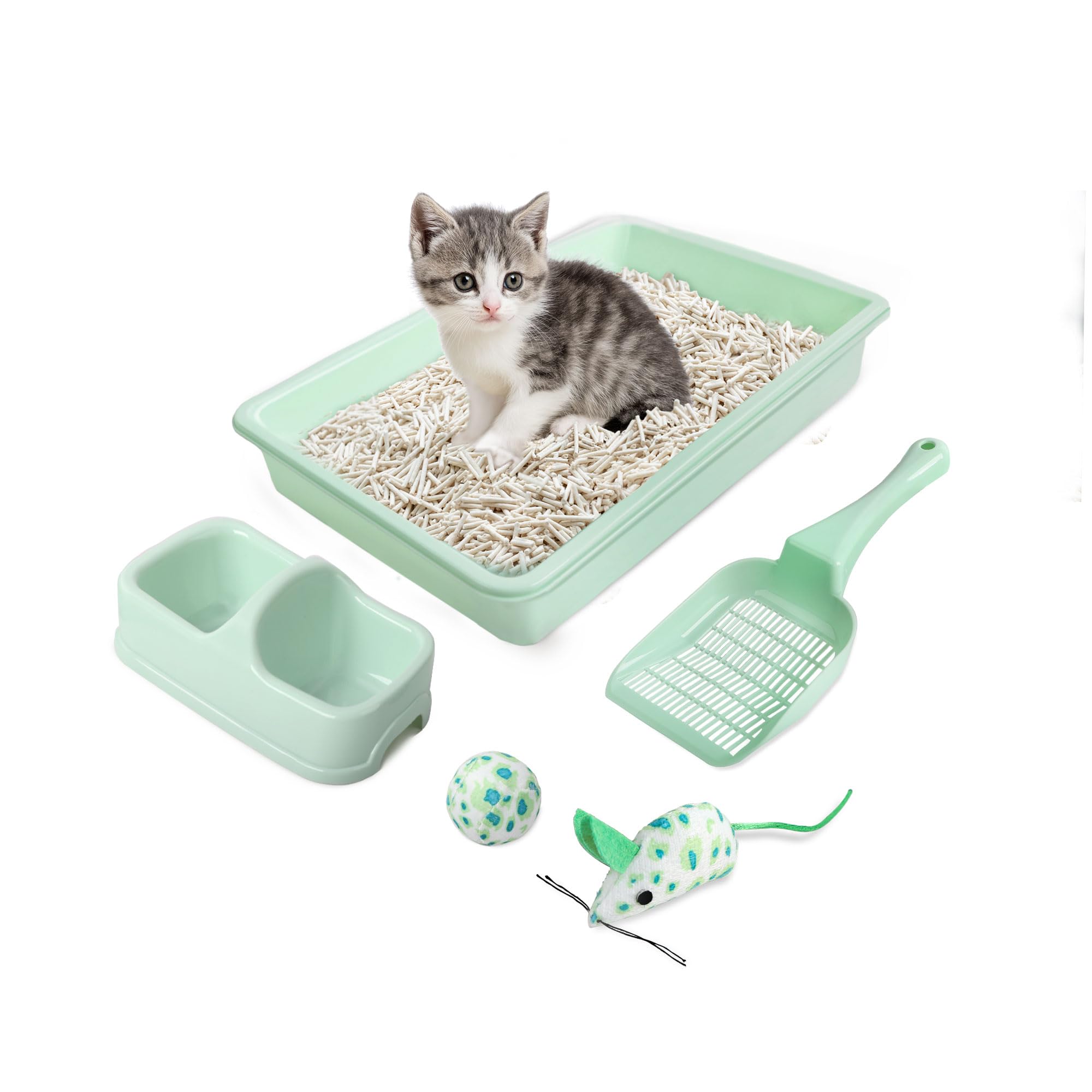 PAWISE Cat Litter Box Starter Kit with Bowl, Scoop & Toys