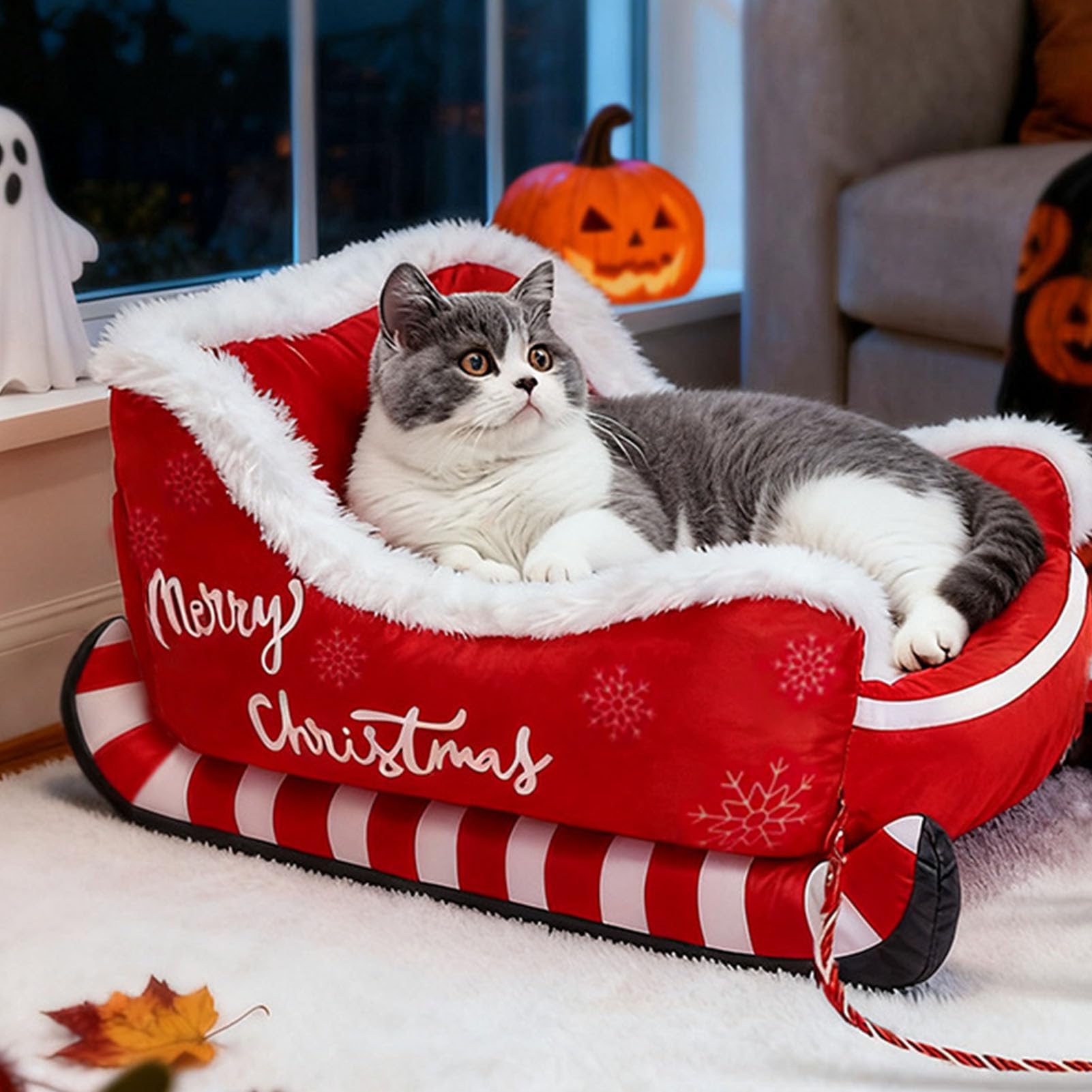 Oreilet Christmas Sled Plush Cat & Dog Cave Bed