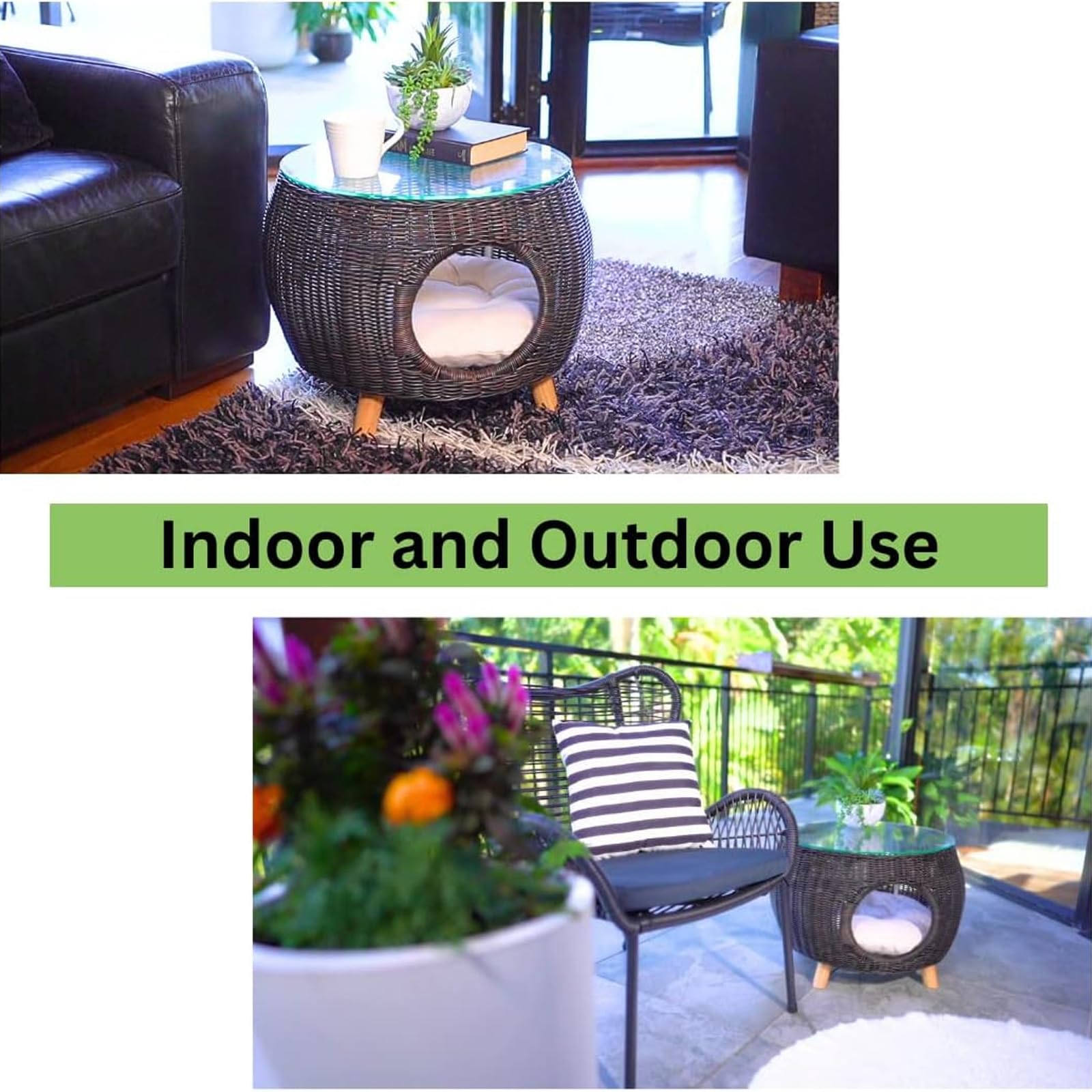 Modern Rattan Cat Igloo End Table with Washable Cushion