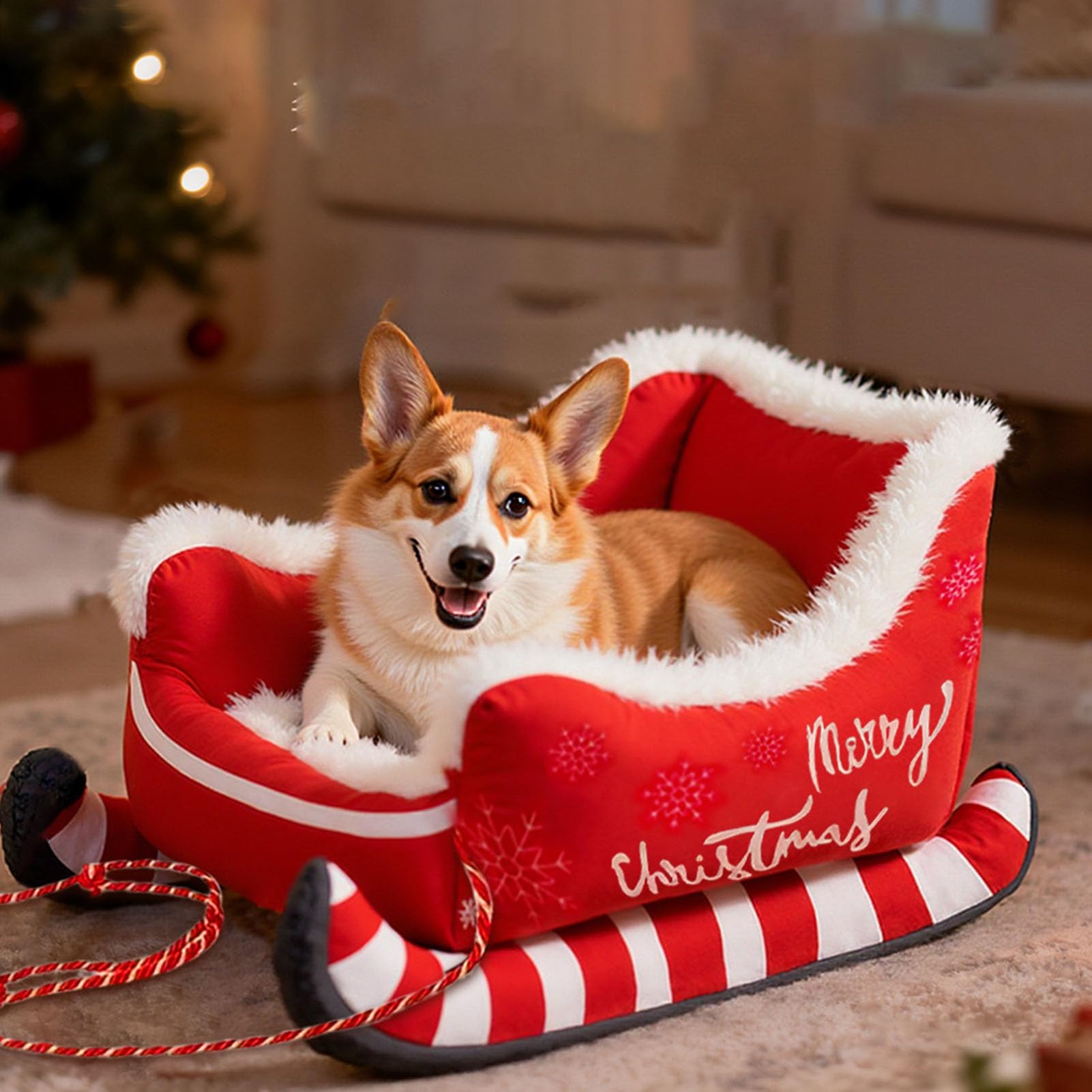 Oreilet Christmas Sled Plush Cat & Dog Cave Bed