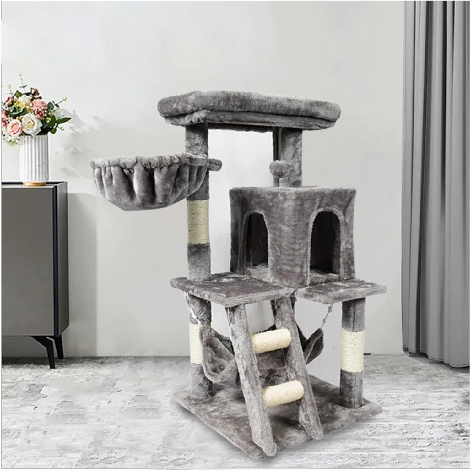 Grey Cat Tree with Bed, Scratching Board & Knot Toy
