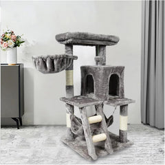 Grey Cat Tree with Bed, Scratching Board & Knot Toy