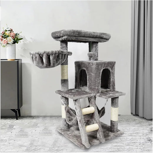 Grey Cat Tree with Bed, Scratching Board & Knot Toy