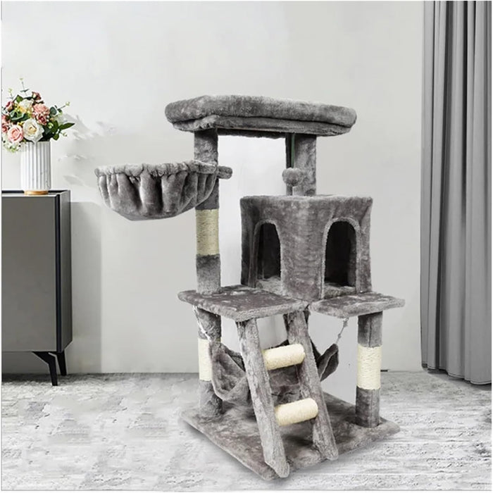 Grey Cat Tree with Bed, Scratching Board & Knot Toy