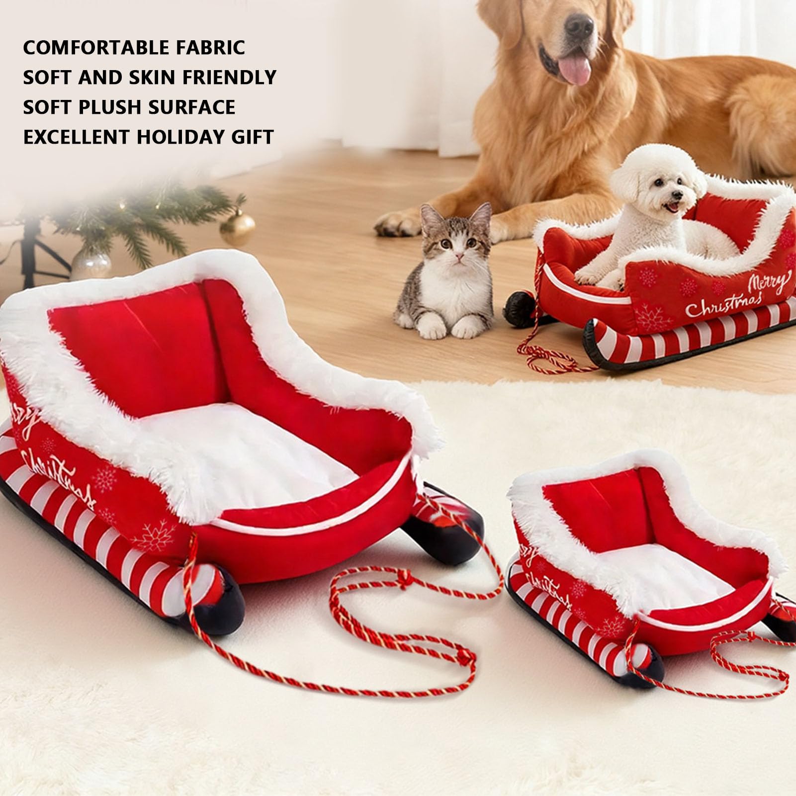 Oreilet Christmas Sled Plush Cat & Dog Cave Bed