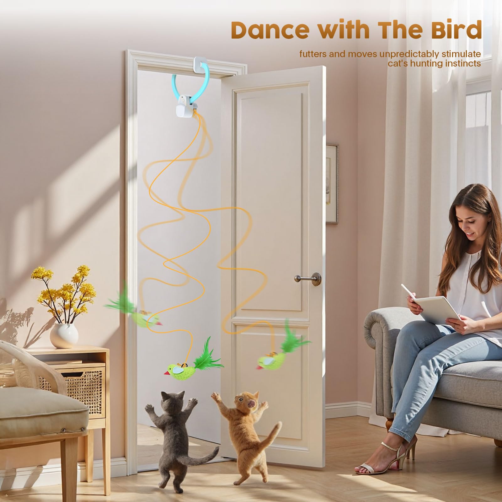 USB-Rechargeable Flying Bird Cat Toy with Feather Wand