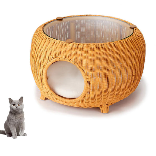 Modern Rattan Cat Igloo End Table with Washable Cushion