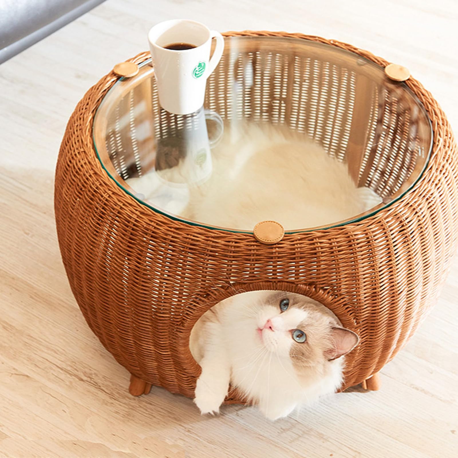 Modern Rattan Cat Igloo End Table with Washable Cushion