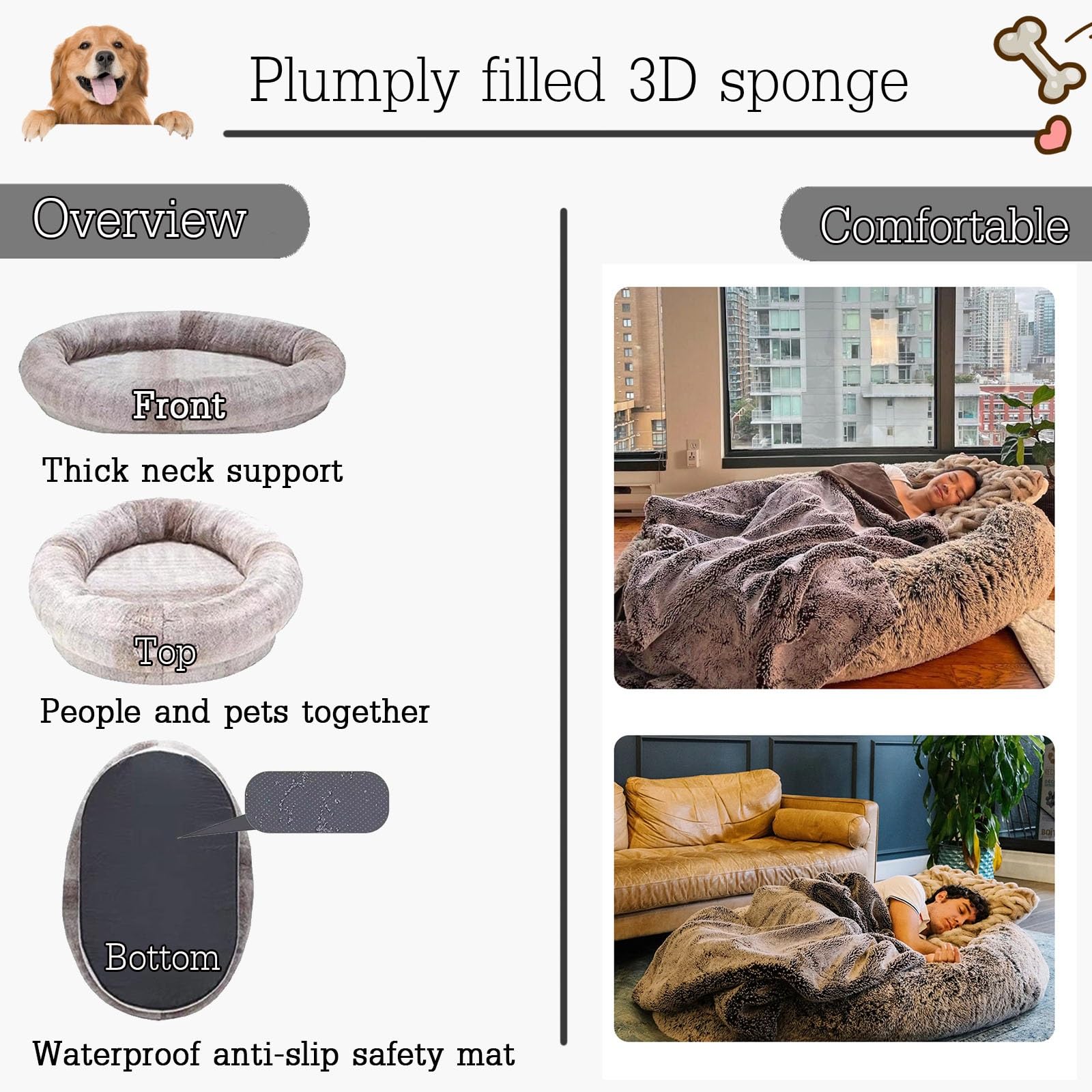 USAMZLUL Giant Oval Human & Large Dog Bed with Blanket