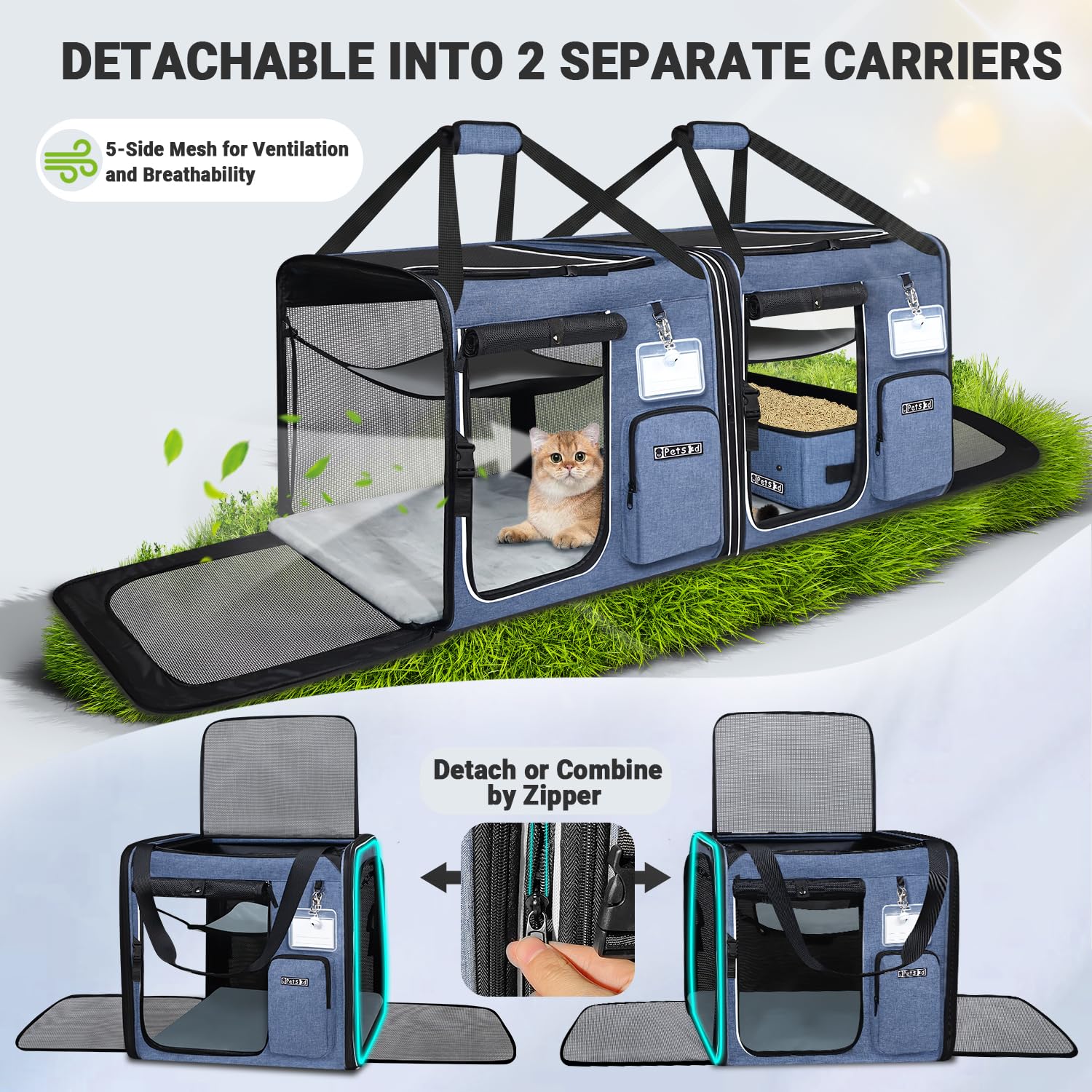 Petskd 2-in-1 Double Cat Carrier with Litter Box