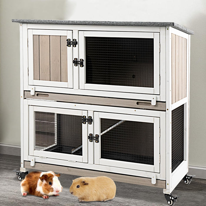 36-Inch Two-Story Wooden Guinea Pig Cage with Wheels