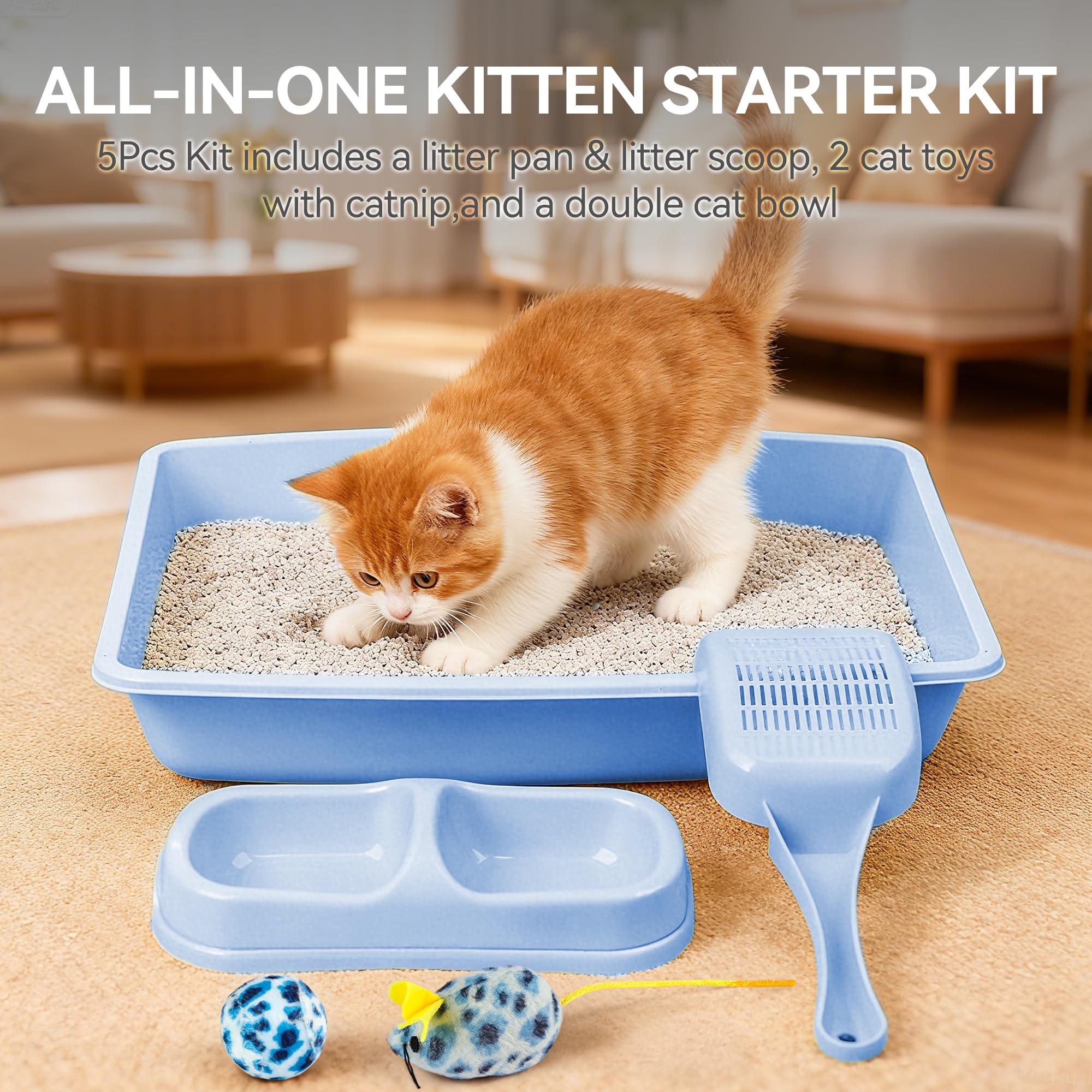 PAWISE Cat Litter Box Starter Kit with Bowl, Scoop & Toys