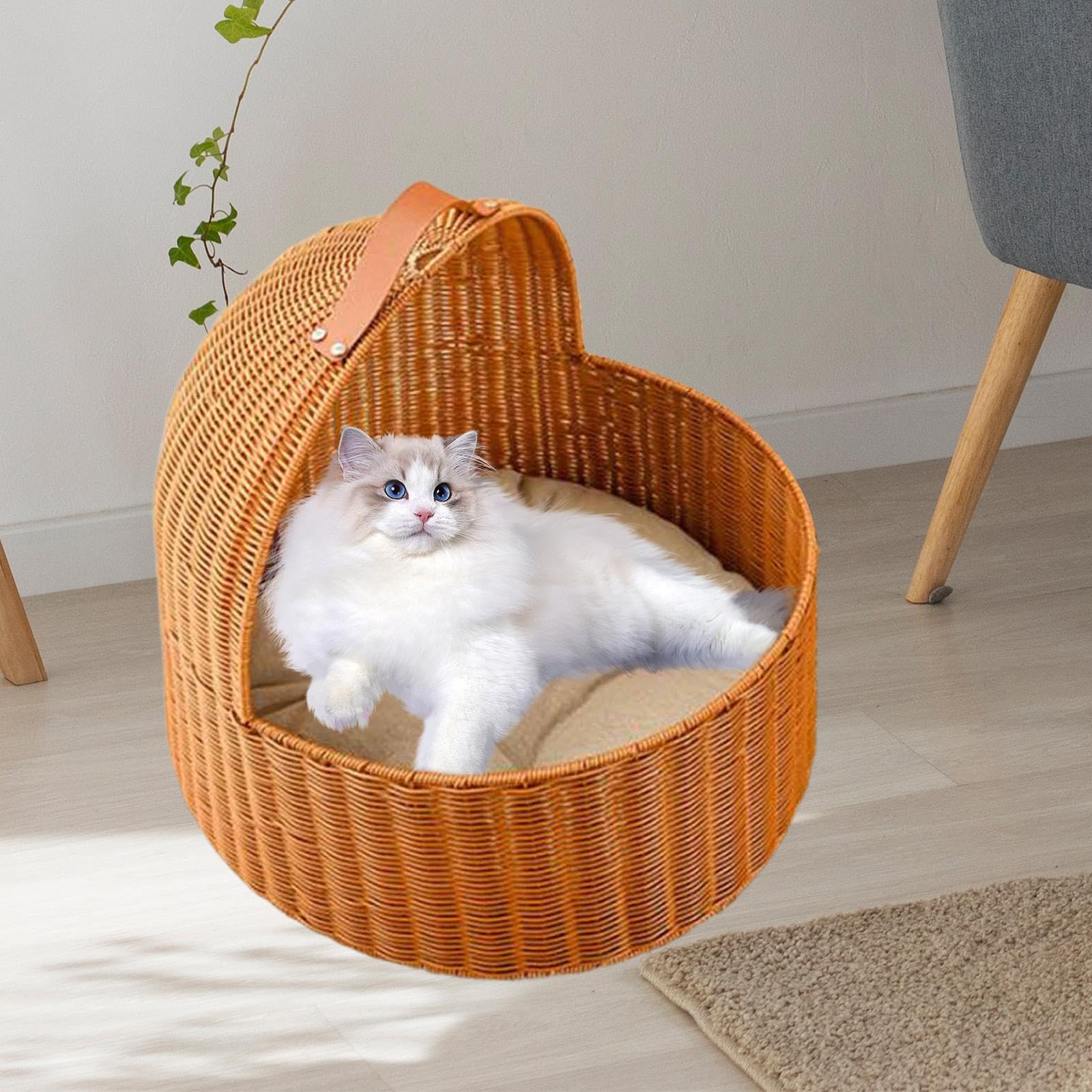 Bothyi Rattan-Style Cat Hideaway Bed with Cushion