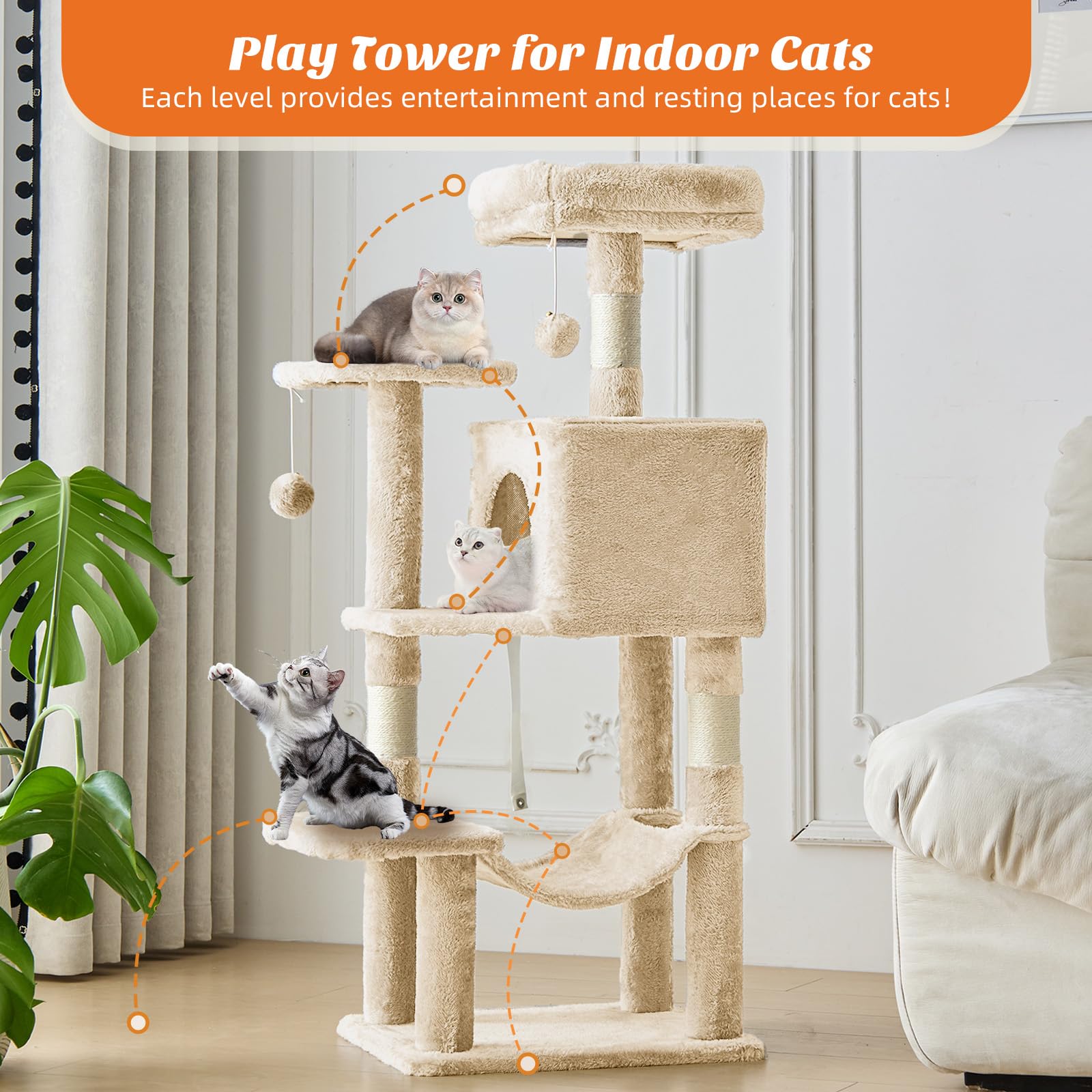 Sweetcrispy Cat Tree Tower with Sisal Posts & Hammock