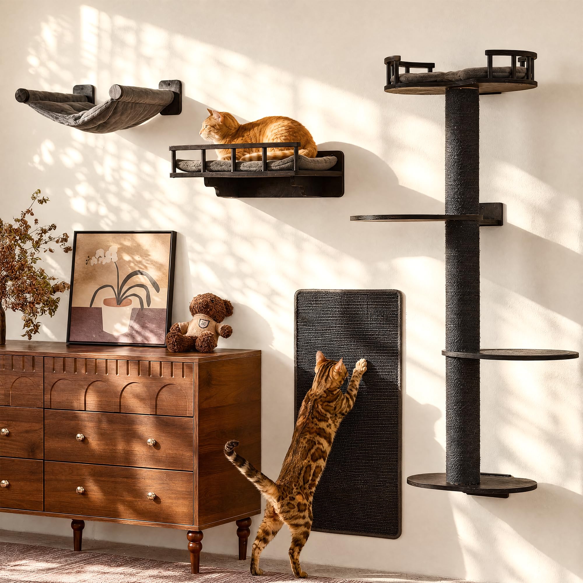 FUKUMARU Wall-Mounted Cat Shelves with Hammock & House