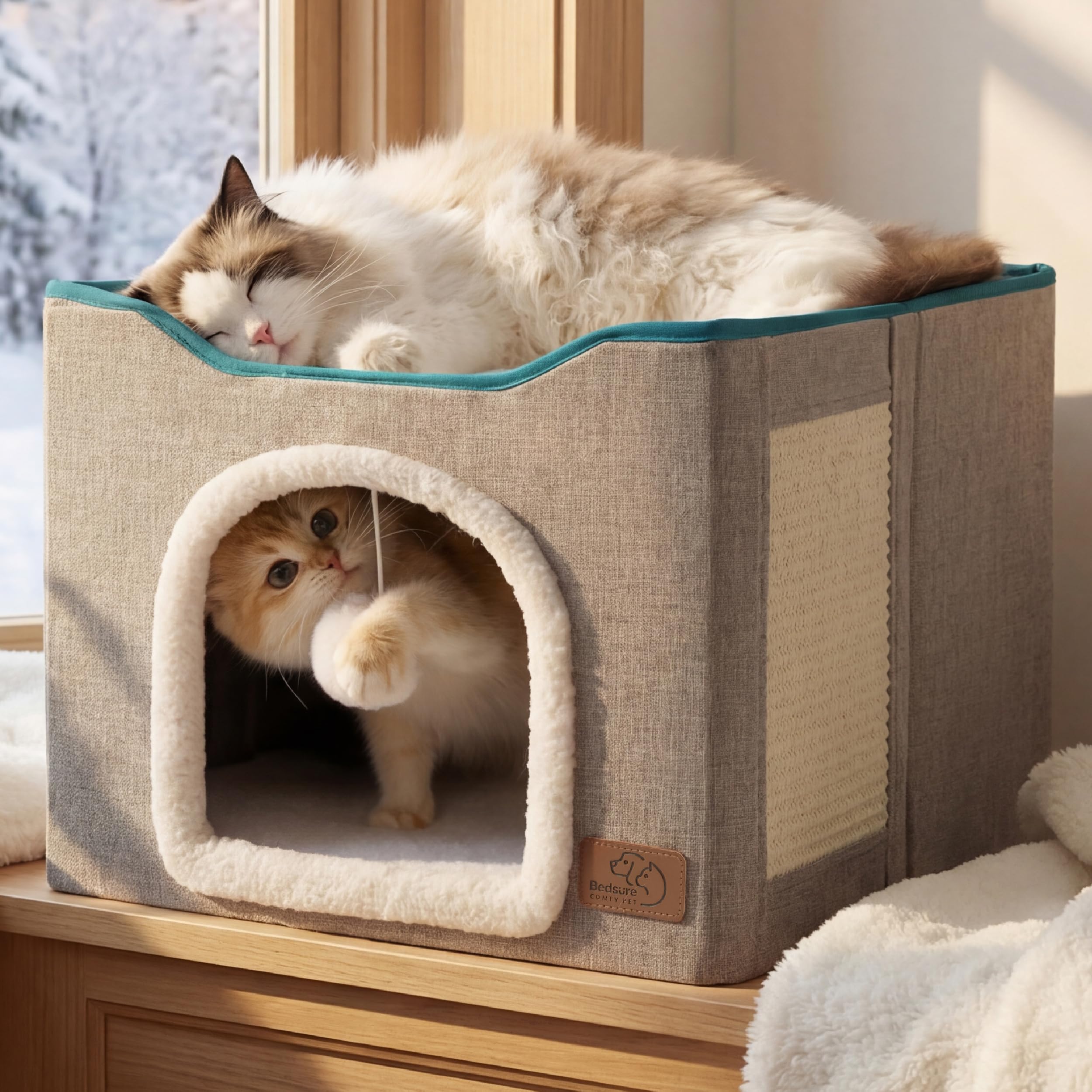 Bedsure Foldable Cat Cave Bed with Scratch Pad & Ball Toy