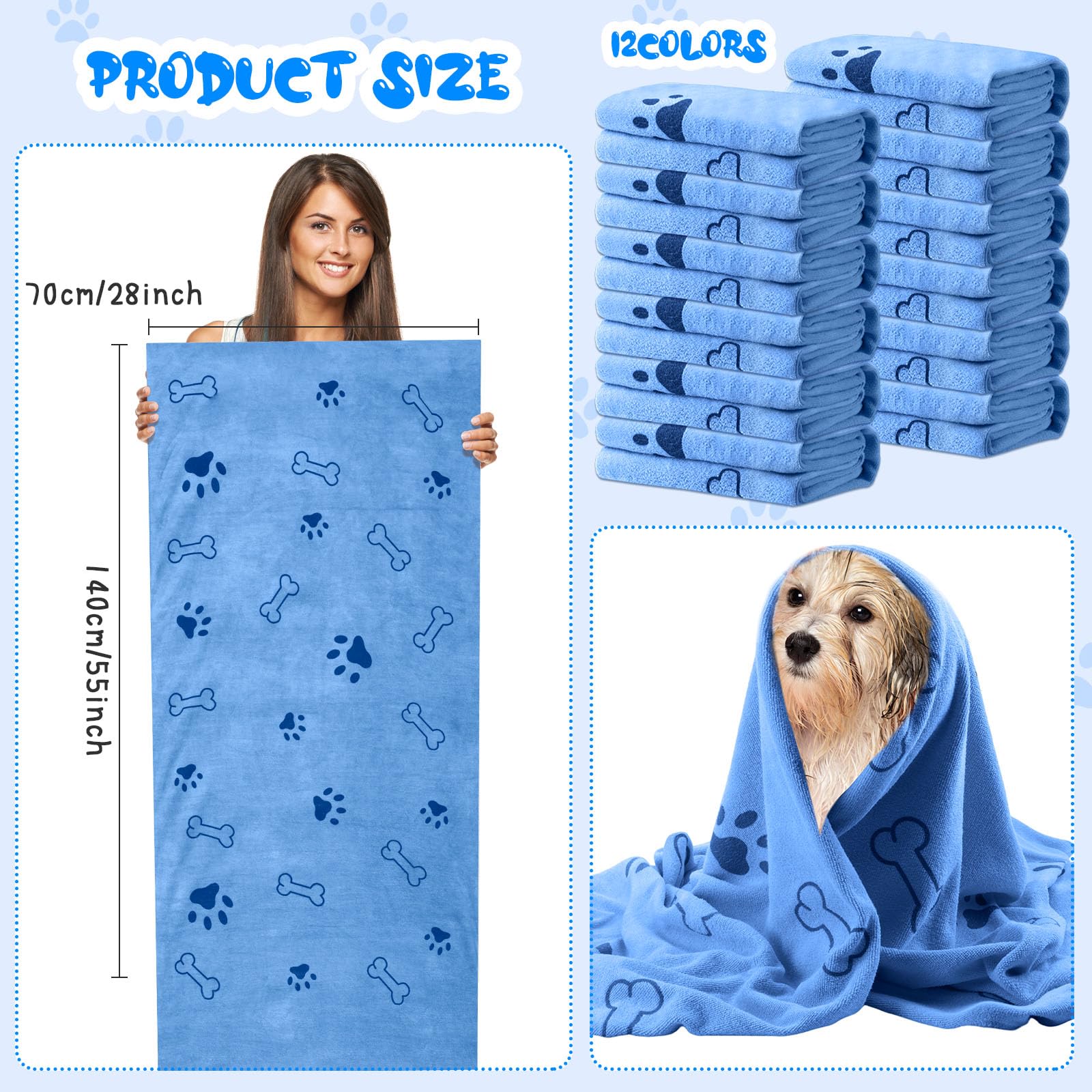 Tatuo 12-Pack Microfiber Dog Grooming Towels, 28 x 55 in