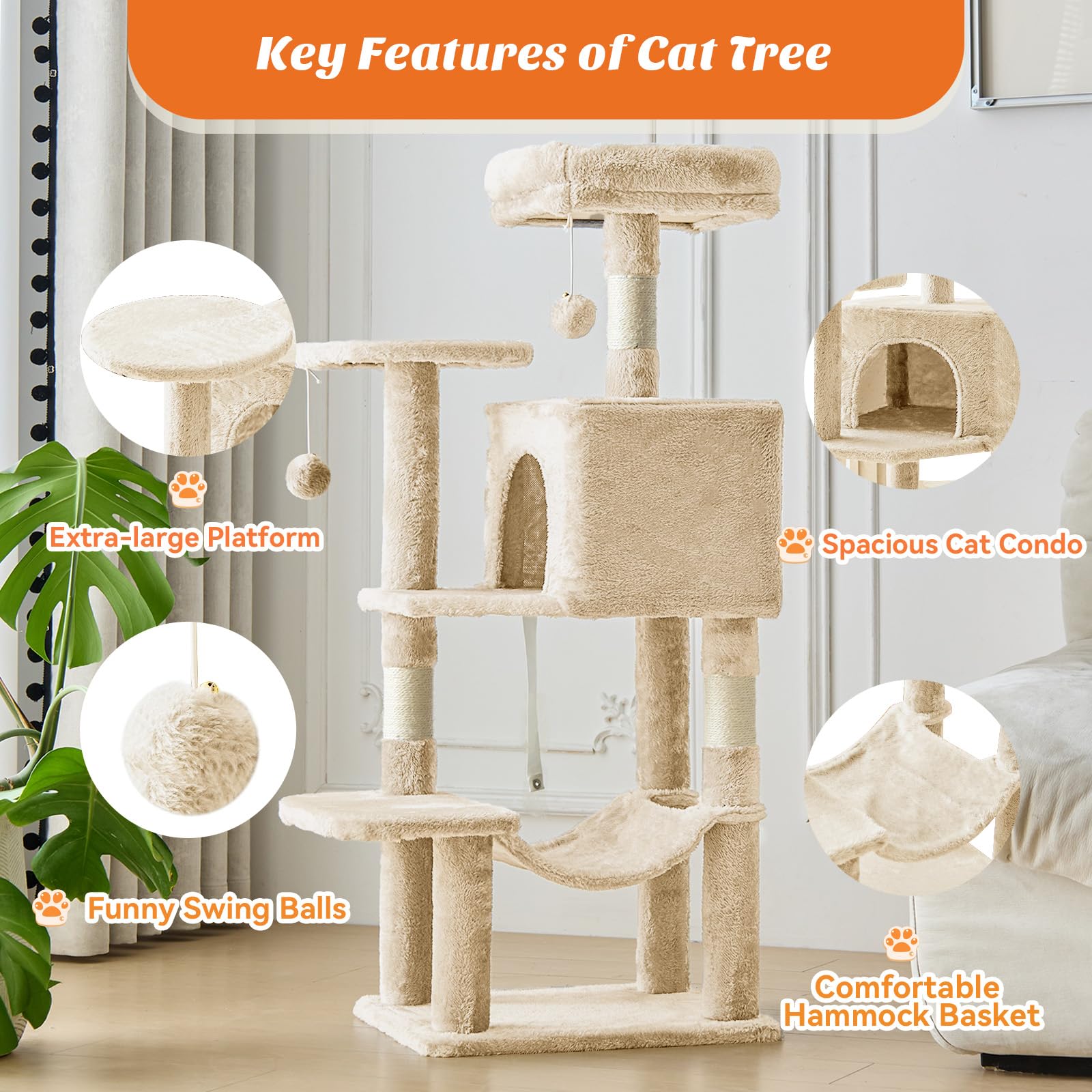 Sweetcrispy Cat Tree Tower with Sisal Posts & Hammock