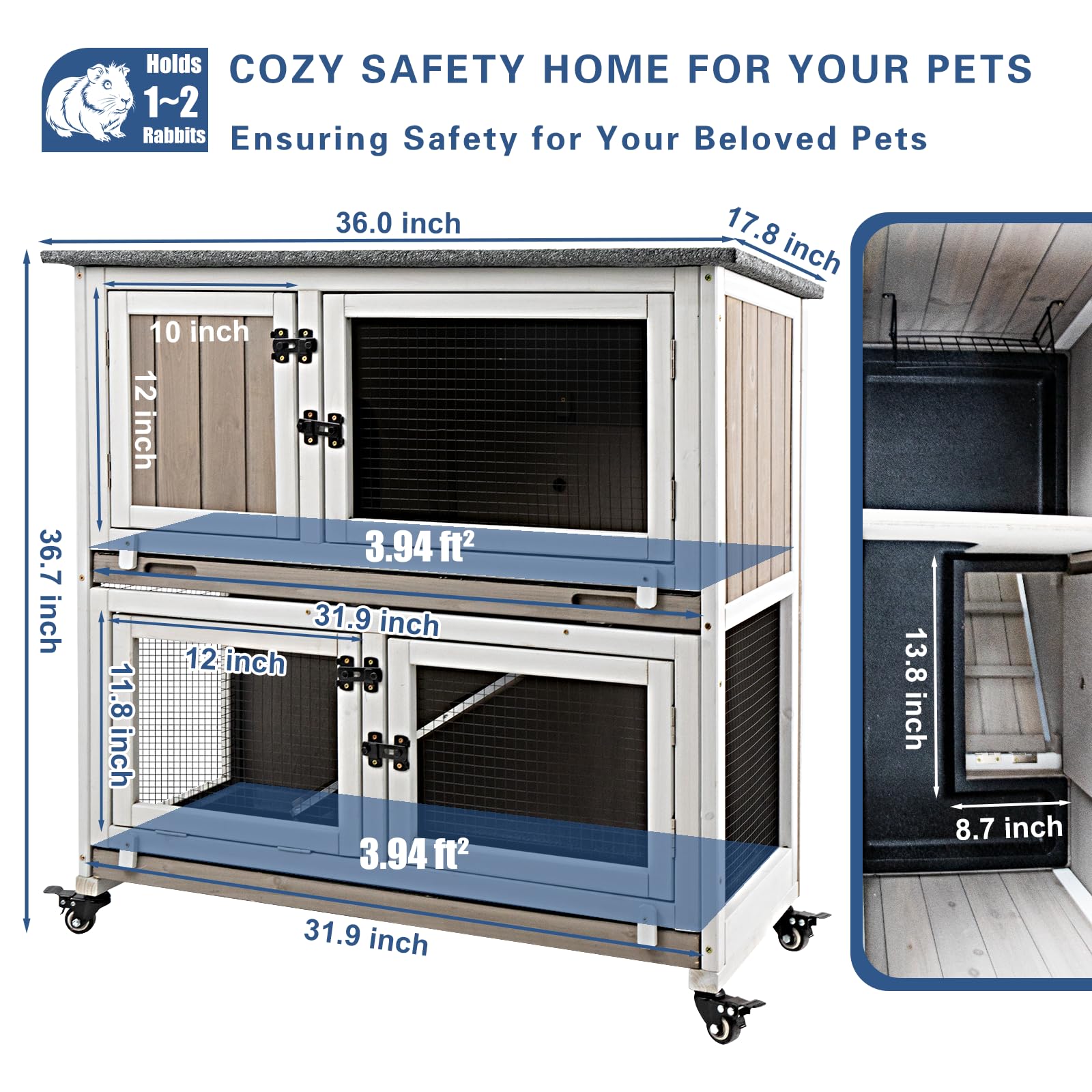 36-Inch Two-Story Wooden Guinea Pig Cage with Wheels